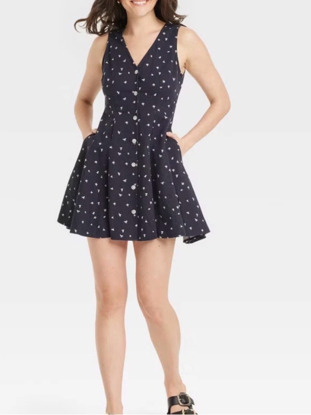 Women's Button-Front Godet Mini A-Line Dress Universal Thread Blue Floral Size S